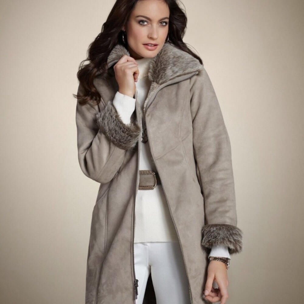 Chico's Taupe Faux Fur Trim Coat